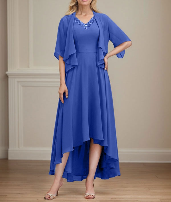 A-line V-Neck Asymmetrical Chiffon Mother of the Bride Dress With Beading Sequins