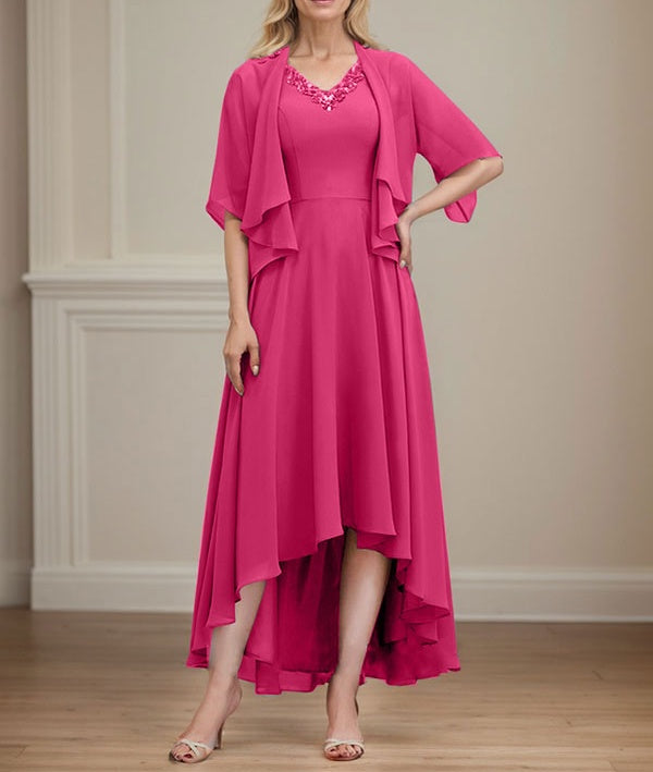 A-line V-Neck Asymmetrical Chiffon Mother of the Bride Dress With Beading Sequins