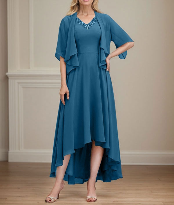 A-line V-Neck Asymmetrical Chiffon Mother of the Bride Dress With Beading Sequins