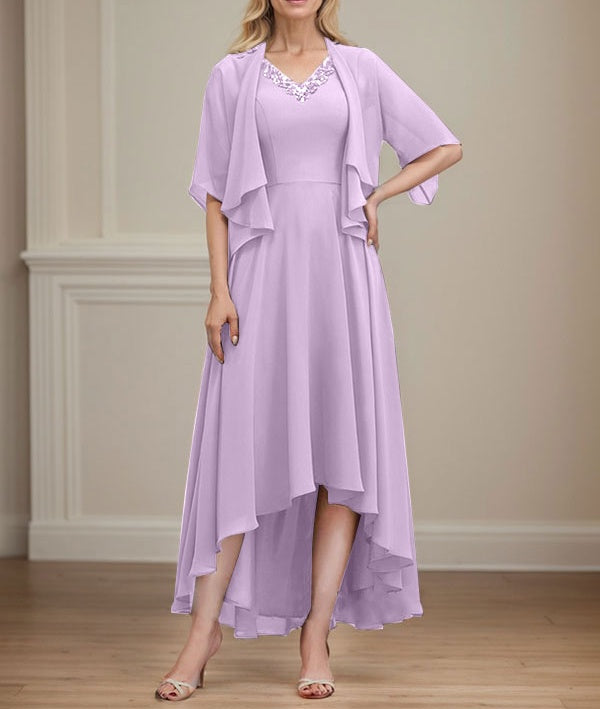 A-line V-Neck Asymmetrical Chiffon Mother of the Bride Dress With Beading Sequins