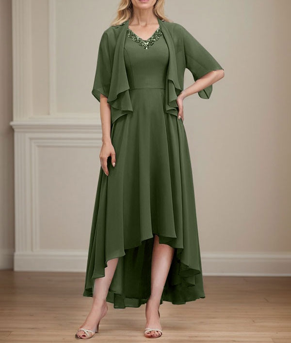 A-line V-Neck Asymmetrical Chiffon Mother of the Bride Dress With Beading Sequins