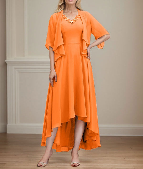 A-line V-Neck Asymmetrical Chiffon Mother of the Bride Dress With Beading Sequins