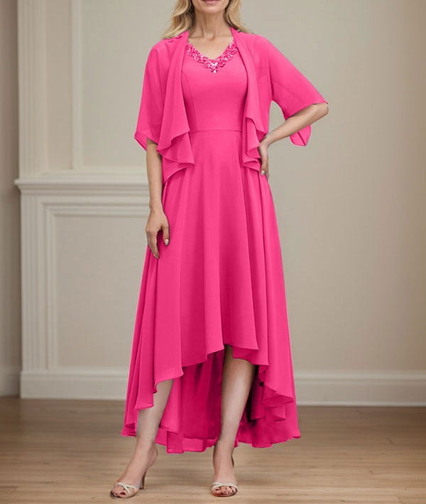 A-line V-Neck Asymmetrical Chiffon Mother of the Bride Dress With Beading Sequins