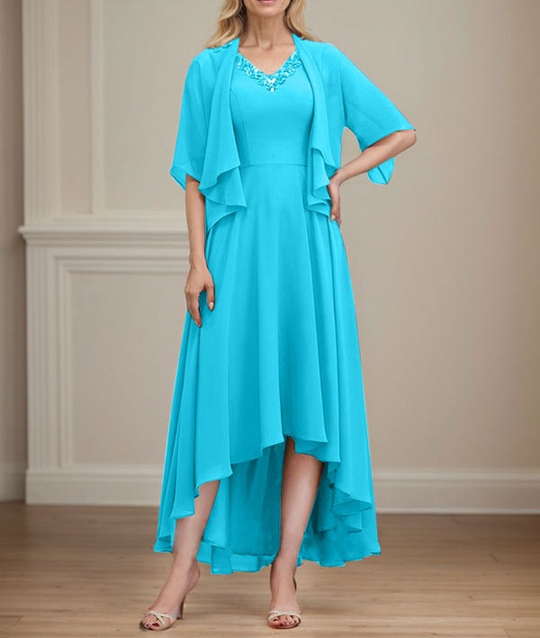 A-line V-Neck Asymmetrical Chiffon Mother of the Bride Dress With Beading Sequins
