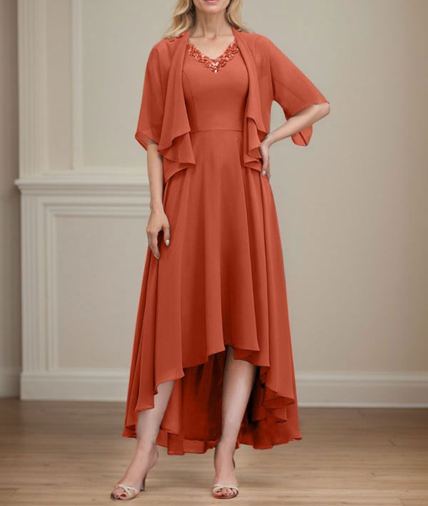 A-line V-Neck Asymmetrical Chiffon Mother of the Bride Dress With Beading Sequins