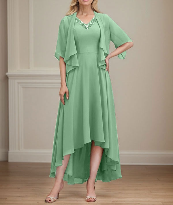 A-line V-Neck Asymmetrical Chiffon Mother of the Bride Dress With Beading Sequins