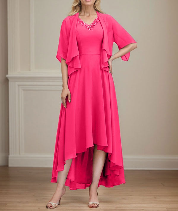 A-line V-Neck Asymmetrical Chiffon Mother of the Bride Dress With Beading Sequins