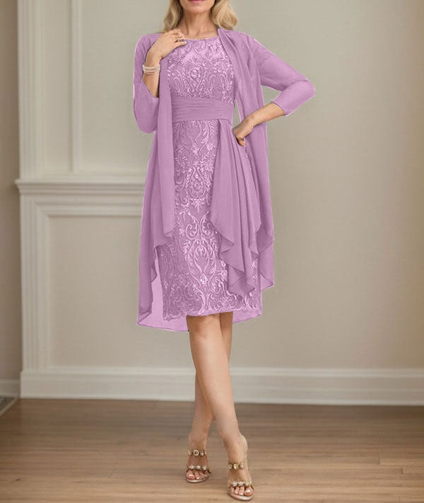 Sheath/Column Scoop Illusion Knee-Length Lace Chiffon Mother of the Bride Dress With Cascading Ruffles Sequins