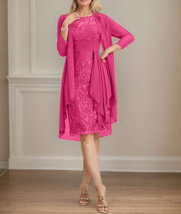 Sheath/Column Scoop Illusion Knee-Length Lace Chiffon Mother of the Bride Dress With Cascading Ruffles Sequins