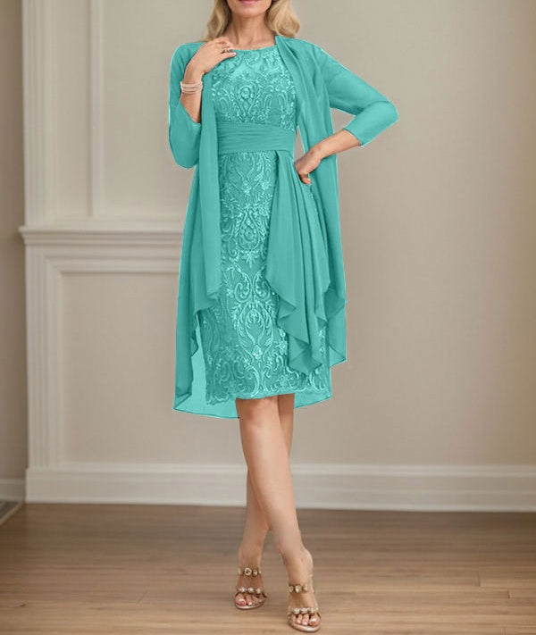 Sheath/Column Scoop Illusion Knee-Length Lace Chiffon Mother of the Bride Dress With Cascading Ruffles Sequins