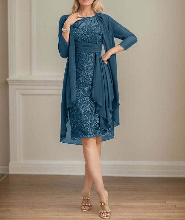 Sheath/Column Scoop Illusion Knee-Length Lace Chiffon Mother of the Bride Dress With Cascading Ruffles Sequins