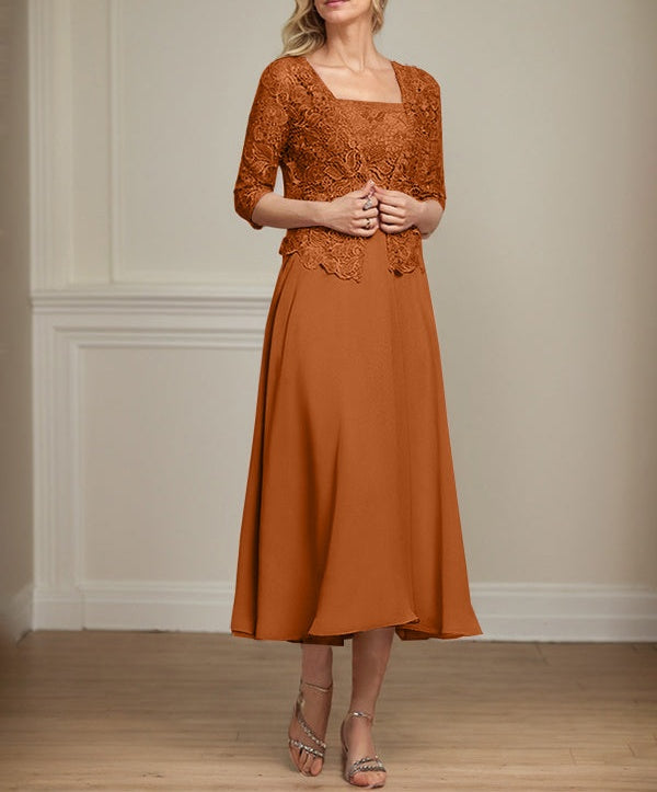A-line Square Tea-Length Chiffon Lace Mother of the Bride Dress With Sequins Beading