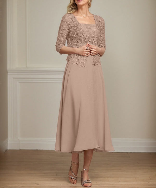 A-line Square Tea-Length Chiffon Lace Mother of the Bride Dress With Sequins Beading