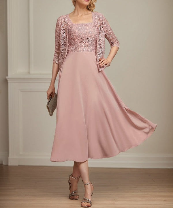 A-line Square Tea-Length Chiffon Lace Mother of the Bride Dress With Sequins Beading