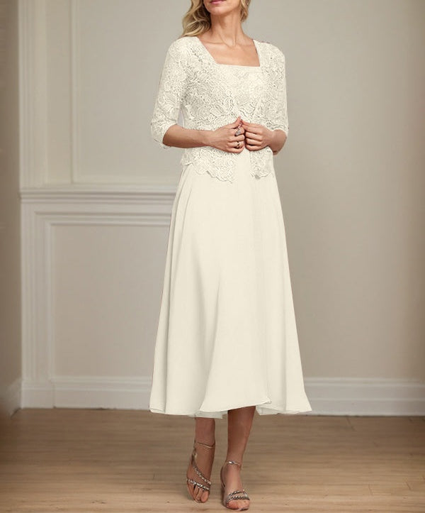 A-line Square Tea-Length Chiffon Lace Mother of the Bride Dress With Sequins Beading