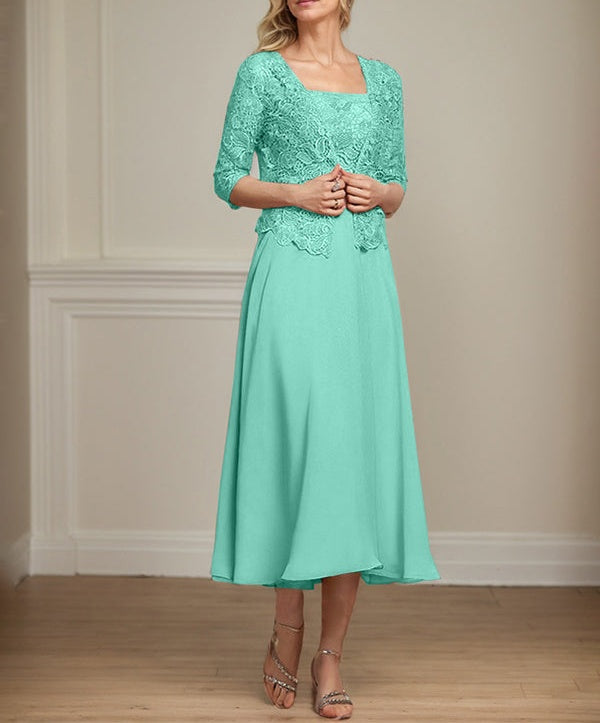 A-line Square Tea-Length Chiffon Lace Mother of the Bride Dress With Sequins Beading