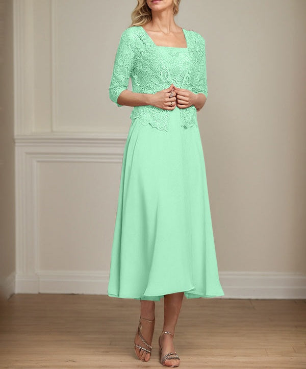 A-line Square Tea-Length Chiffon Lace Mother of the Bride Dress With Sequins Beading