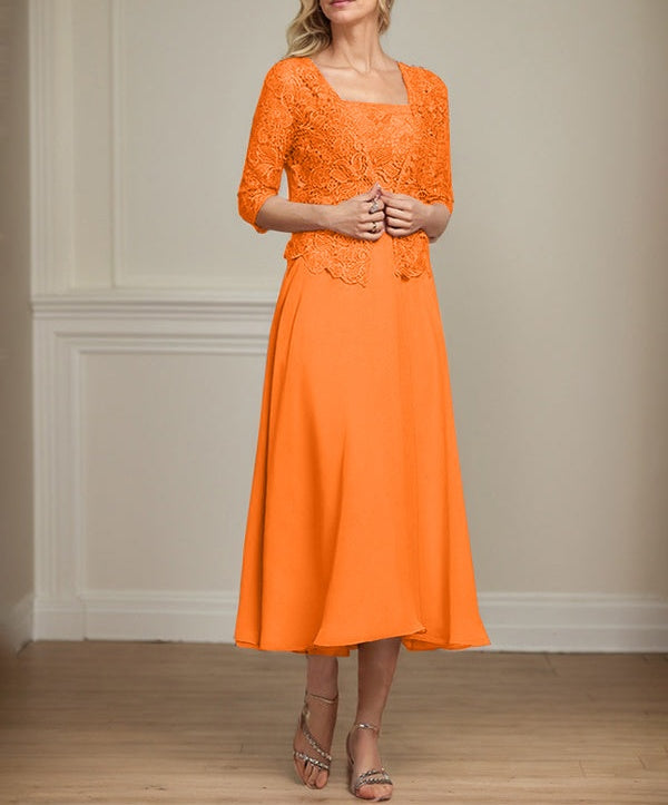 A-line Square Tea-Length Chiffon Lace Mother of the Bride Dress With Sequins Beading