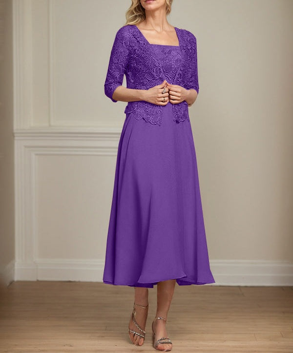 A-line Square Tea-Length Chiffon Lace Mother of the Bride Dress With Sequins Beading