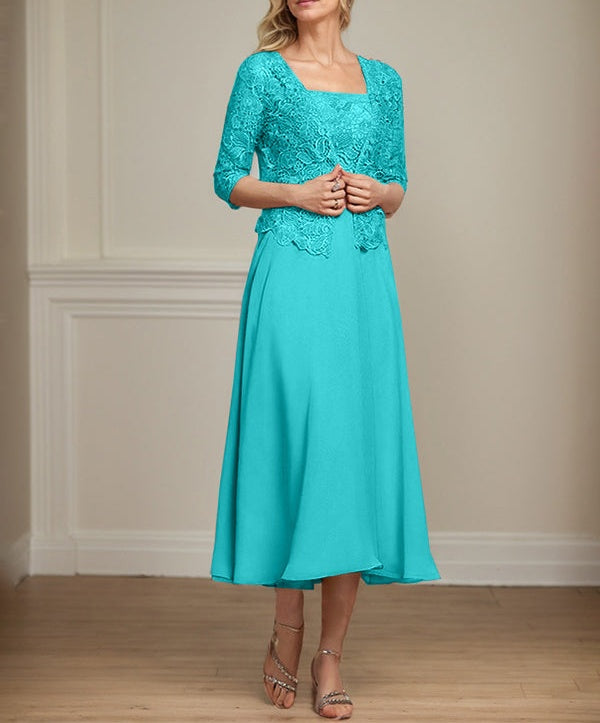 A-line Square Tea-Length Chiffon Lace Mother of the Bride Dress With Sequins Beading