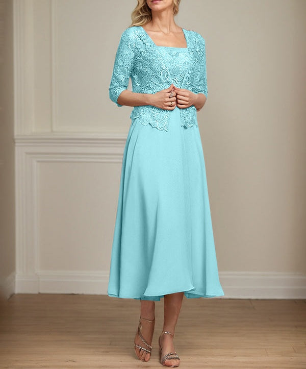 A-line Square Tea-Length Chiffon Lace Mother of the Bride Dress With Sequins Beading