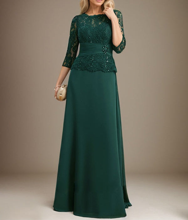 A-line Scoop Illusion Floor-Length Chiffon Lace Mother of the Bride Dress With Pleated Sequins Beading