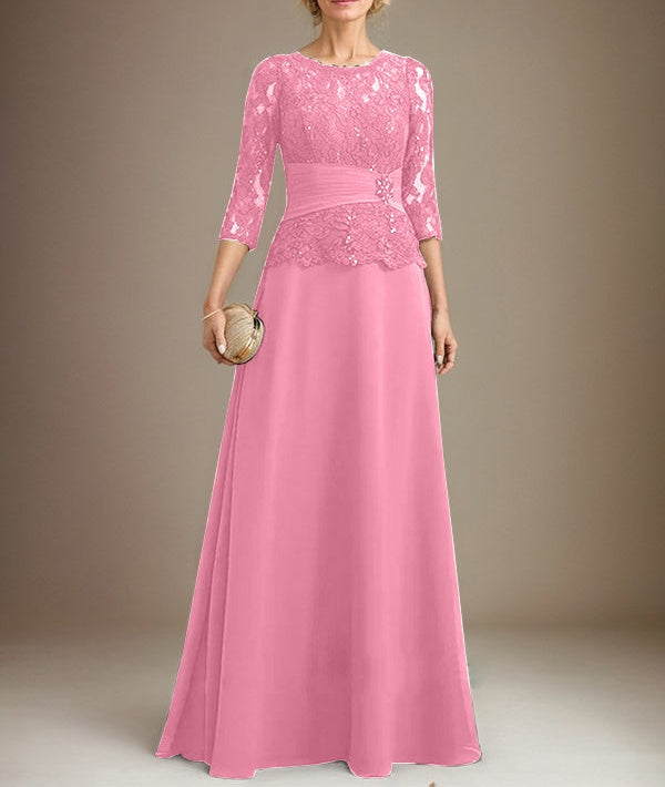 A-line Scoop Illusion Floor-Length Chiffon Lace Mother of the Bride Dress With Pleated Sequins Beading