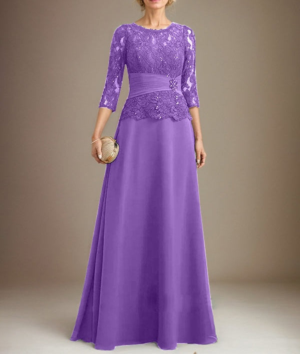 A-line Scoop Illusion Floor-Length Chiffon Lace Mother of the Bride Dress With Pleated Sequins Beading
