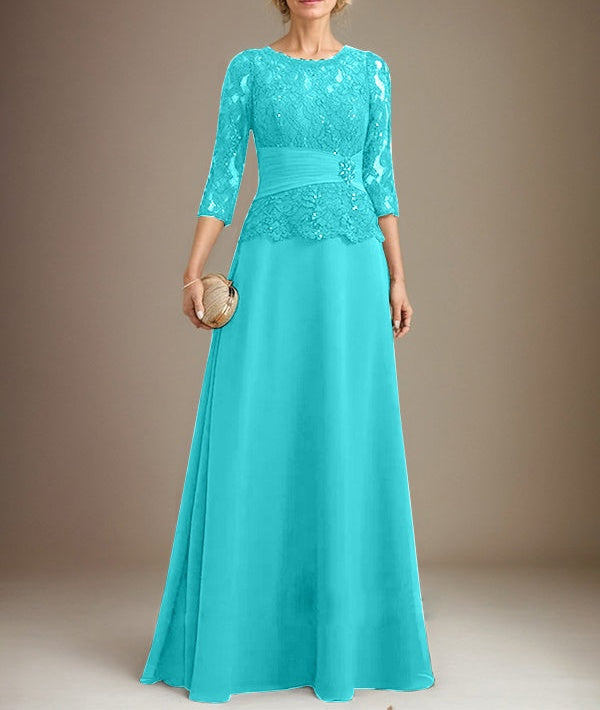 A-line Scoop Illusion Floor-Length Chiffon Lace Mother of the Bride Dress With Pleated Sequins Beading