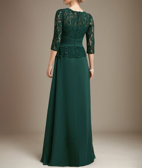 A-line Scoop Illusion Floor-Length Chiffon Lace Mother of the Bride Dress With Pleated Sequins Beading