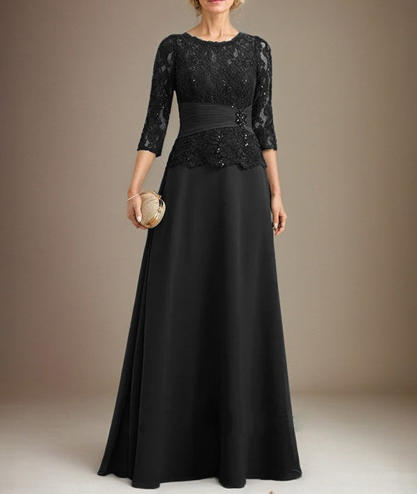 A-line Scoop Illusion Floor-Length Chiffon Lace Mother of the Bride Dress With Pleated Sequins Beading