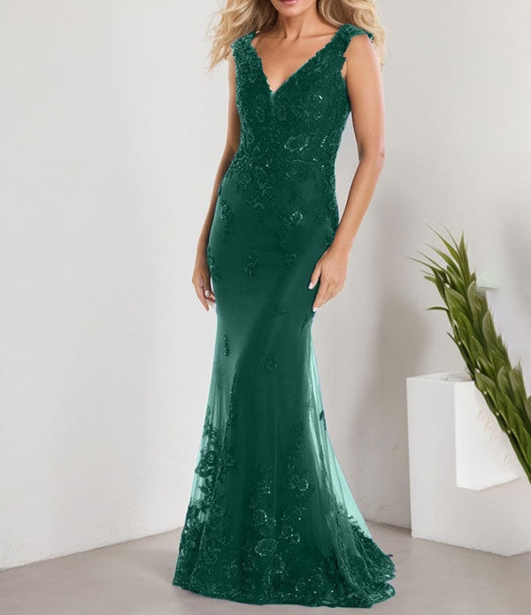A-line V-Neck Floor-Length Lace Chiffon Mother of the Bride Dress With Applique Sequins Mermaid Dresses