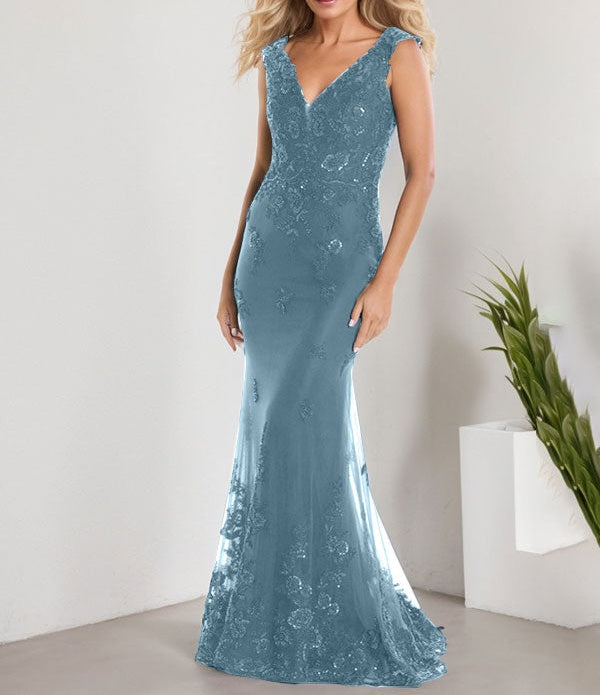 A-line V-Neck Floor-Length Lace Chiffon Mother of the Bride Dress With Applique Sequins Mermaid Dresses
