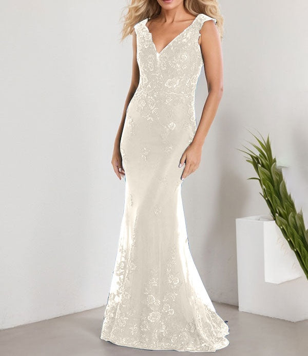 A-line V-Neck Floor-Length Lace Chiffon Mother of the Bride Dress With Applique Sequins Mermaid Dresses