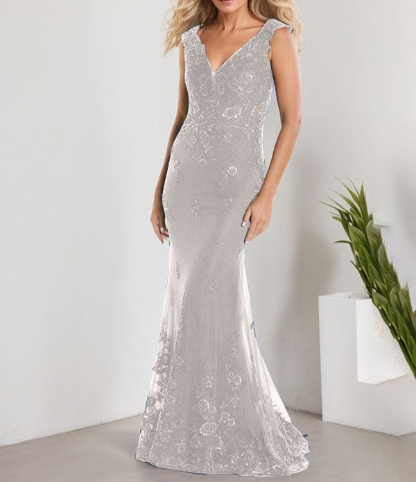 A-line V-Neck Floor-Length Lace Chiffon Mother of the Bride Dress With Applique Sequins Mermaid Dresses