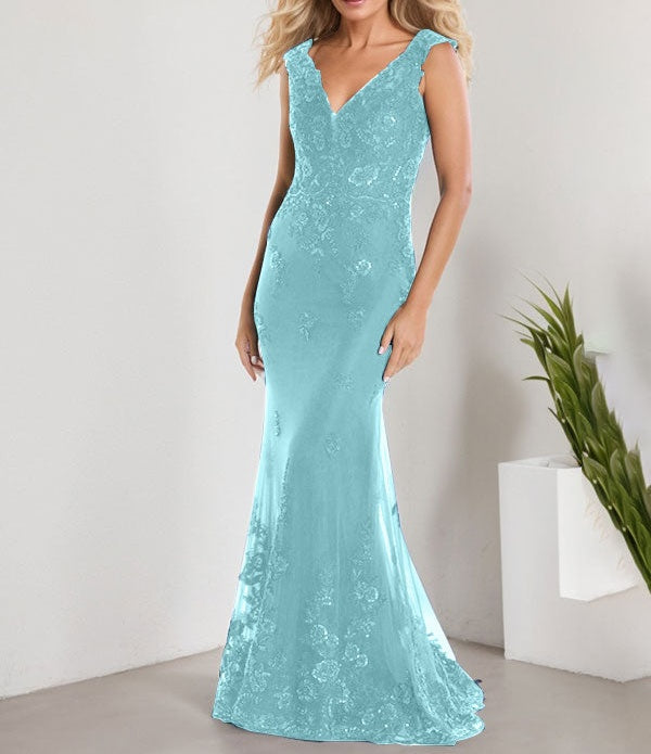A-line V-Neck Floor-Length Lace Chiffon Mother of the Bride Dress With Applique Sequins Mermaid Dresses