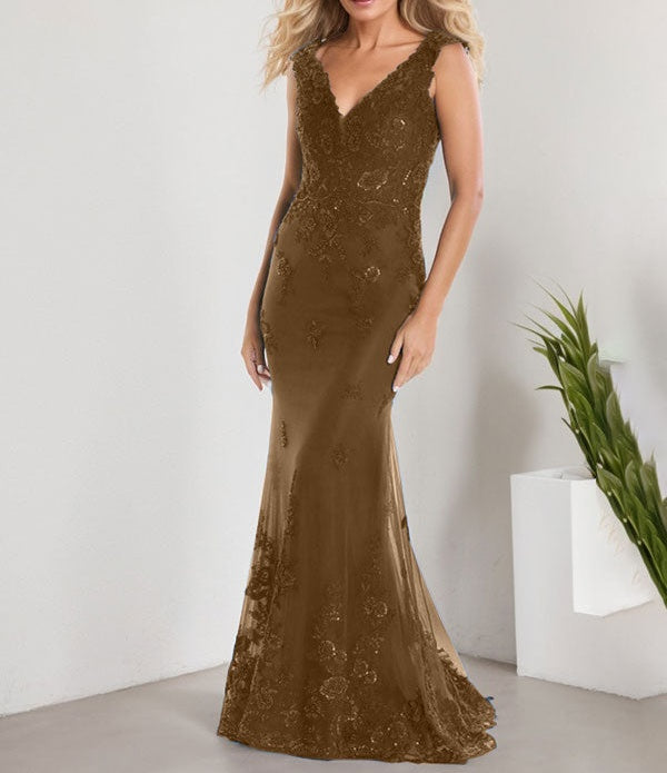 A-line V-Neck Floor-Length Lace Chiffon Mother of the Bride Dress With Applique Sequins Mermaid Dresses