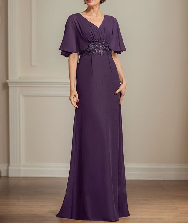 A-line V-Neck Floor-Length Chiffon Mother of the Bride Dress With Pleated Sequins Appliques Lace