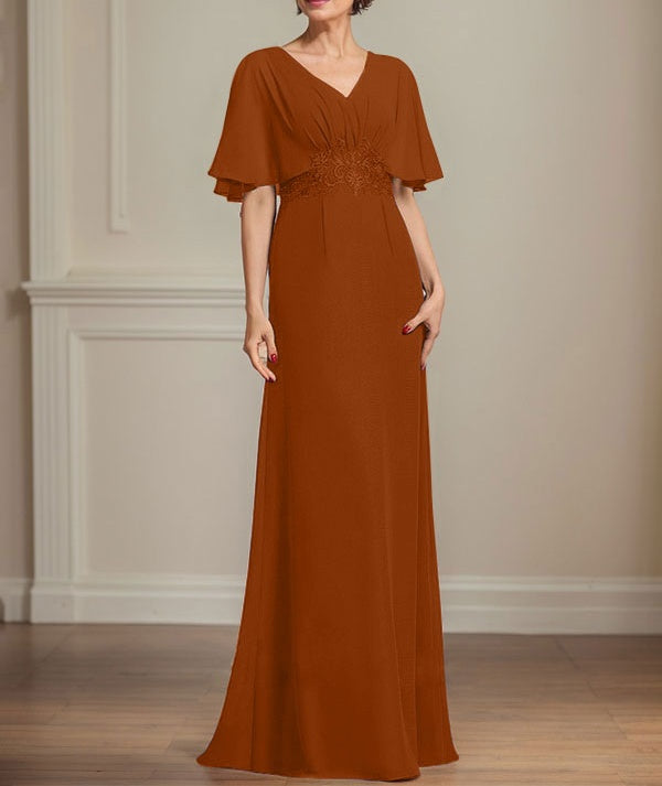 A-line V-Neck Floor-Length Chiffon Mother of the Bride Dress With Pleated Sequins Appliques Lace