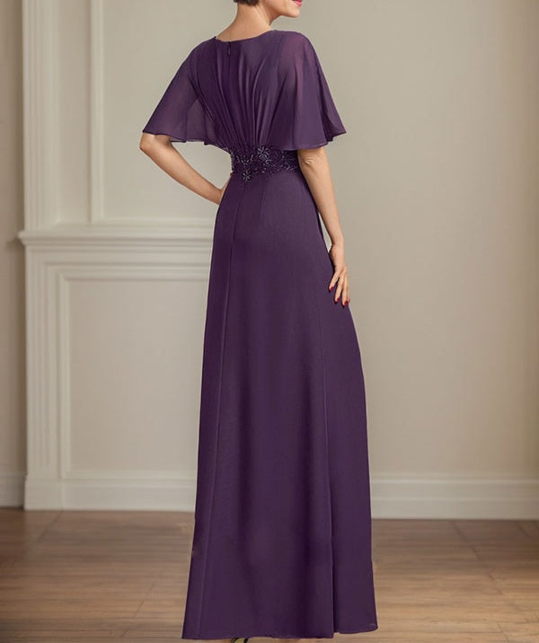 A-line V-Neck Floor-Length Chiffon Mother of the Bride Dress With Pleated Sequins Appliques Lace