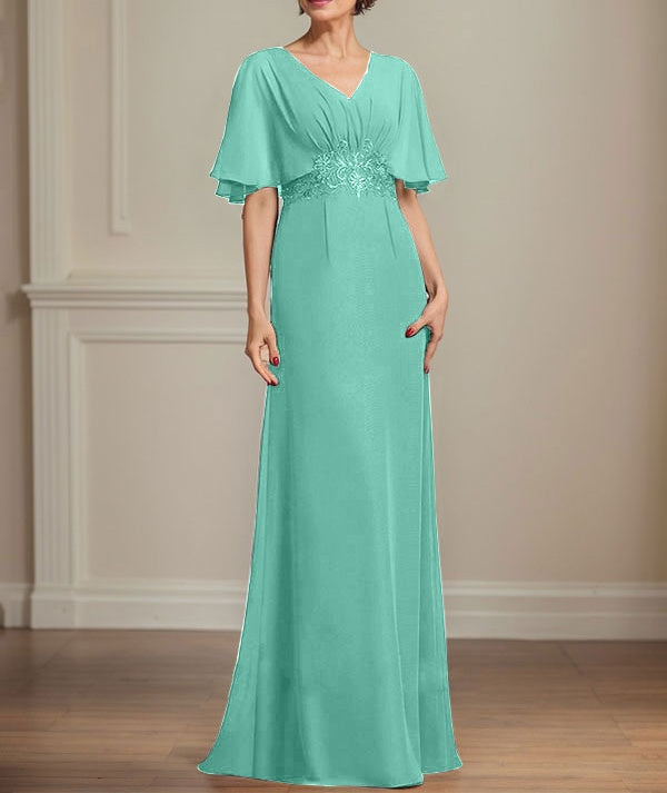 A-line V-Neck Floor-Length Chiffon Mother of the Bride Dress With Pleated Sequins Appliques Lace