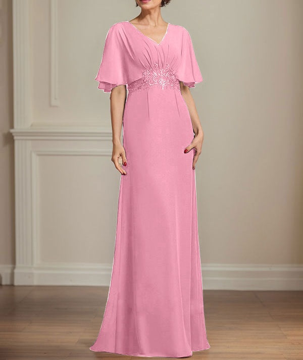 A-line V-Neck Floor-Length Chiffon Mother of the Bride Dress With Pleated Sequins Appliques Lace