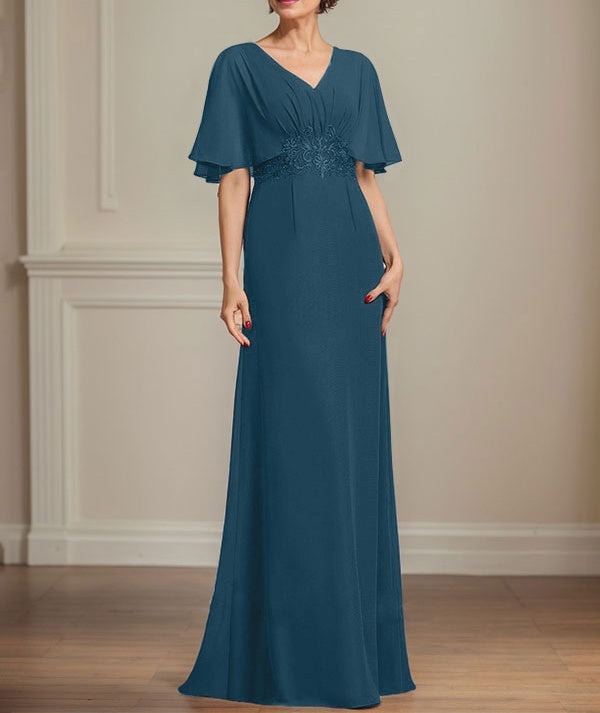 A-line V-Neck Floor-Length Chiffon Mother of the Bride Dress With Pleated Sequins Appliques Lace