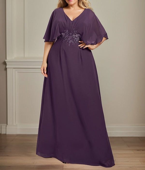 A-line V-Neck Floor-Length Chiffon Mother of the Bride Dress With Pleated Sequins Appliques Lace