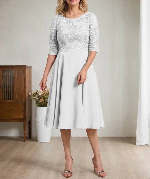 A-line Scoop Knee-Length Lace Chiffon Mother of the Bride Dress
