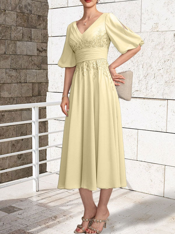 A-line V-Neck Tea-Length Lace Chiffon Mother of the Bride Dress With Pleated