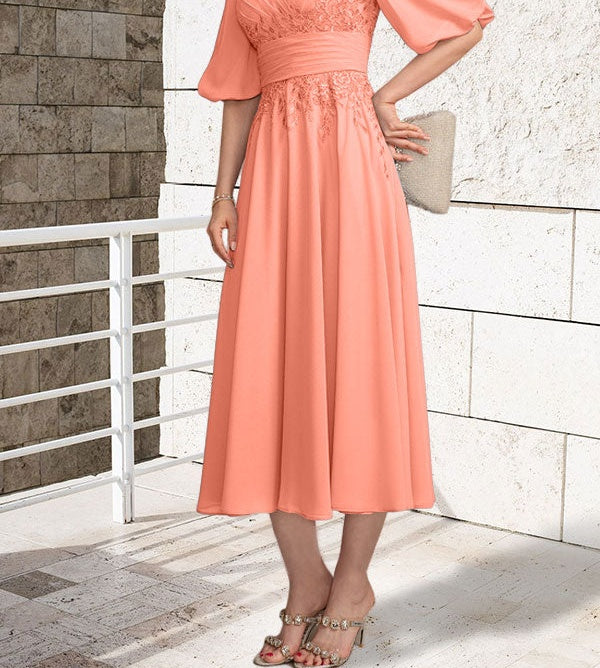 A-line V-Neck Tea-Length Lace Chiffon Mother of the Bride Dress With Pleated