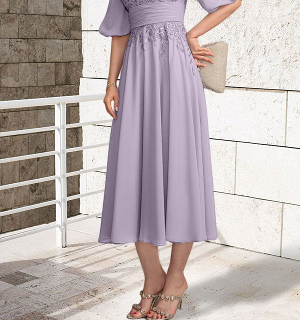 A-line V-Neck Tea-Length Lace Chiffon Mother of the Bride Dress With Pleated