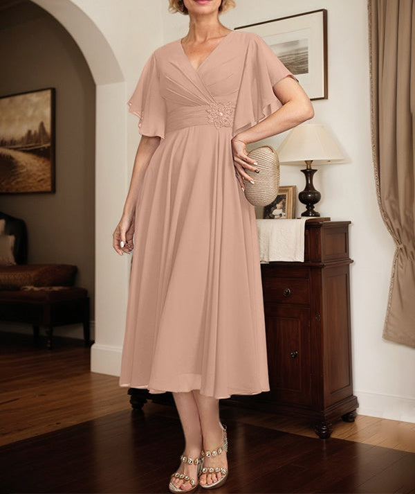 A-line V-Neck Tea-Length Chiffon Mother of the Bride Dress With Pleated Beading