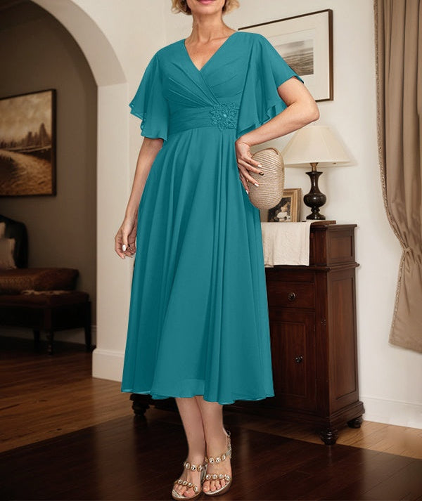 A-line V-Neck Tea-Length Chiffon Mother of the Bride Dress With Pleated Beading